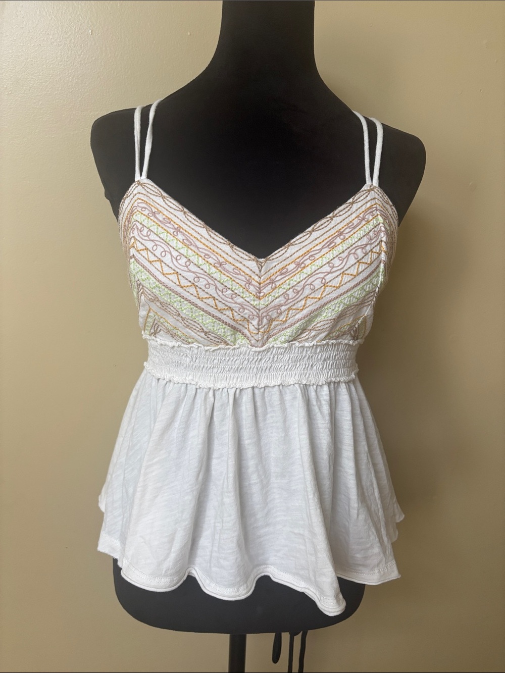 Wishlist White Embroidered V-Neck Smocked Babydoll Cami with Pastel Accents